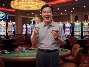 Man celebrating a poker win on a mobile online casino while holding chips and cards