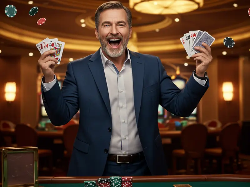 Man holding a stack of poker chips while playing at a mobile online casino