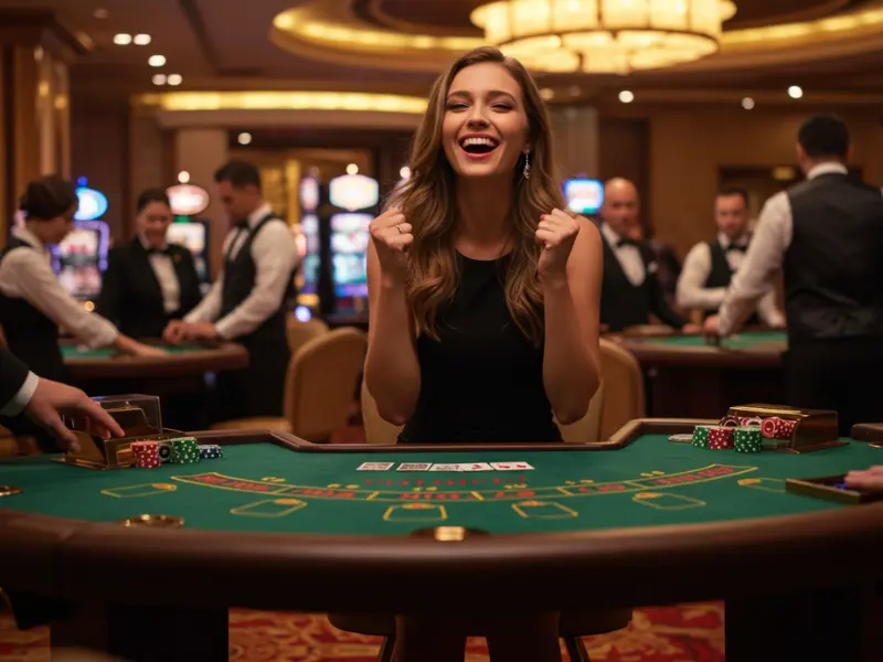 Confident woman celebrating a poker win on a mobile casino platform