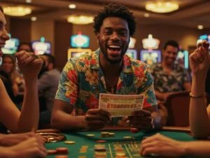 Happy man celebrating a big lottery win on CCZZ online casino