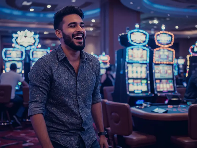 Smiling man celebrating dual wins in roulette and poker on CCZZ online casino