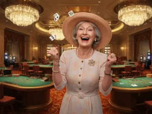Smiling woman celebrates a poker win using her 100% new member bonus