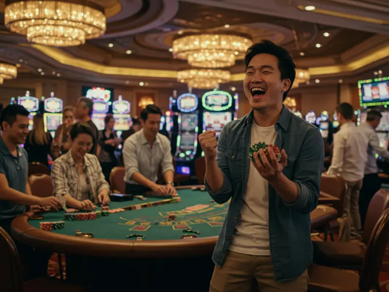 Chinese man celebrating a poker game victory at a Port Harcourt casino table