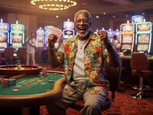 Smiling man celebrating a big win in roulette and poker at PHPlus Casino