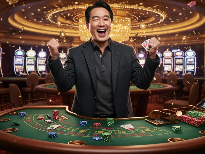 Happy male player wins a poker game at PHPlus Casino