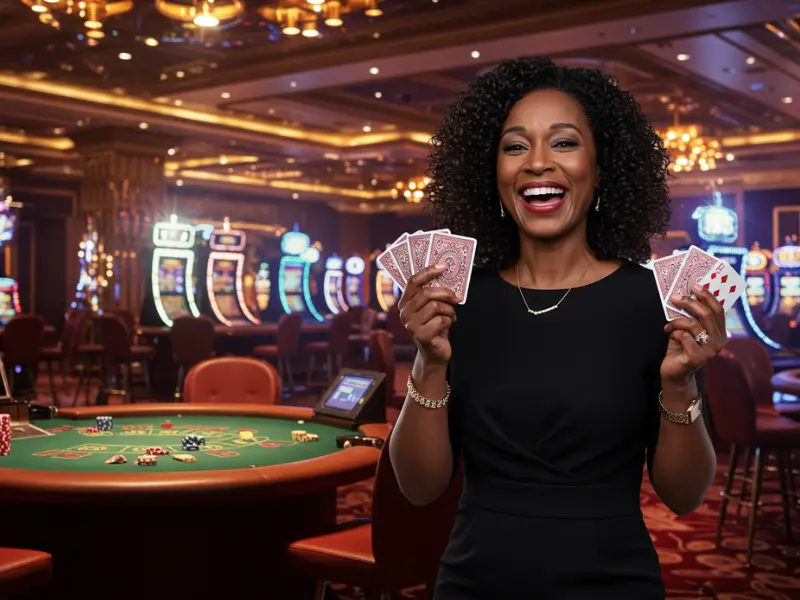 Woman holding playing cards at a PHPlus Casino gaming table