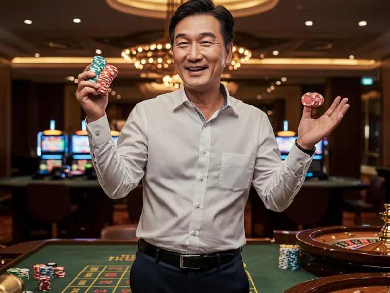 Excited man holding casino chips after winning roulette during Sabong Nation live stream