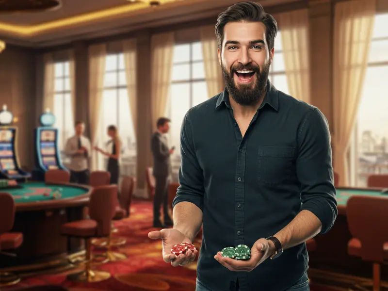 Smiling man holding chips after receiving a slots welcome bonus