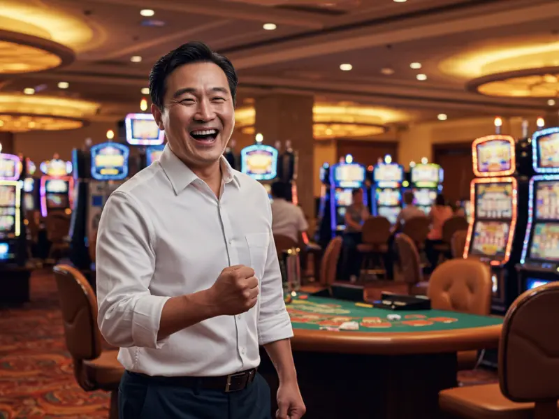 Smiling man celebrating after receiving a slots welcome bonus