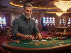Happy men playing poker while learning how to play Pusoy