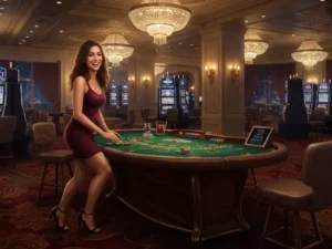 Happy woman playing poker at Noble Casino online