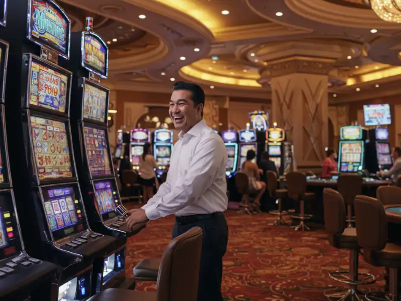 A smiling man inside Super 88 casino, experiencing the lively gaming environment and excitement of casino play.